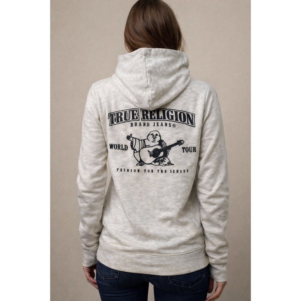True Religion Womens Zip Up Hoodie Grey Buddha Guitar World Tour Sequin Size M